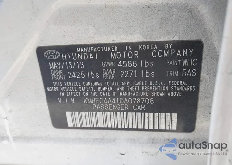 2013 Hyundai Sonata Hybrid из США, поврежденный, VIN KMHEC4A41DA078708